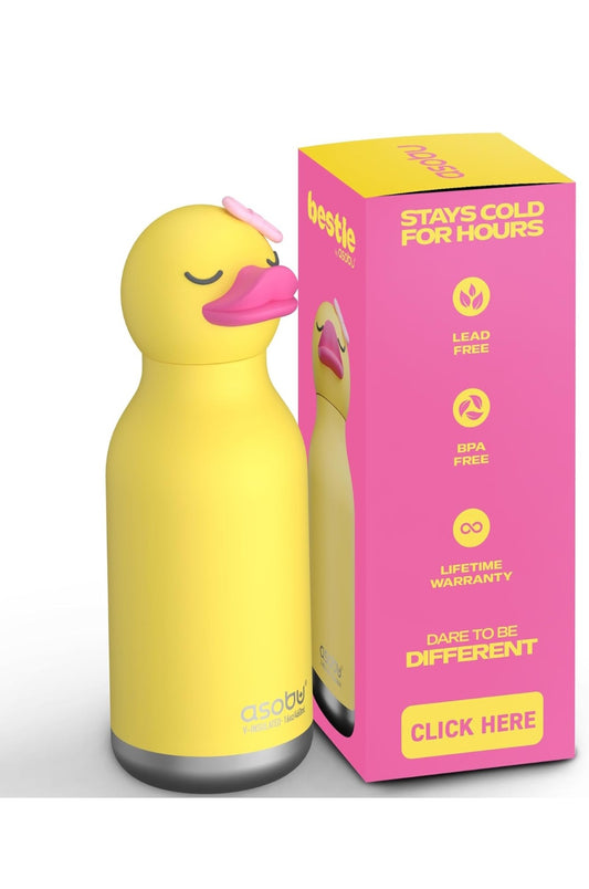 asobu Bestie Bottle Insulated Stainless Steel Water Bottle with Detachable Soft Animal Head Fun Drinking For Kids and Teens with Flexible Reusable Straw 16 Ounce (Duck)